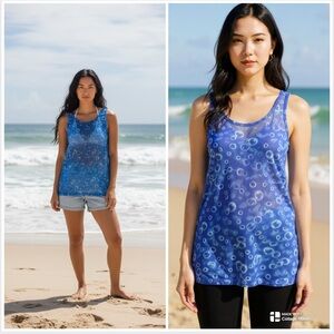 Vintage Bermuda Beachwear Blue Mesh Bubble Pattern Tank Top Cover Up